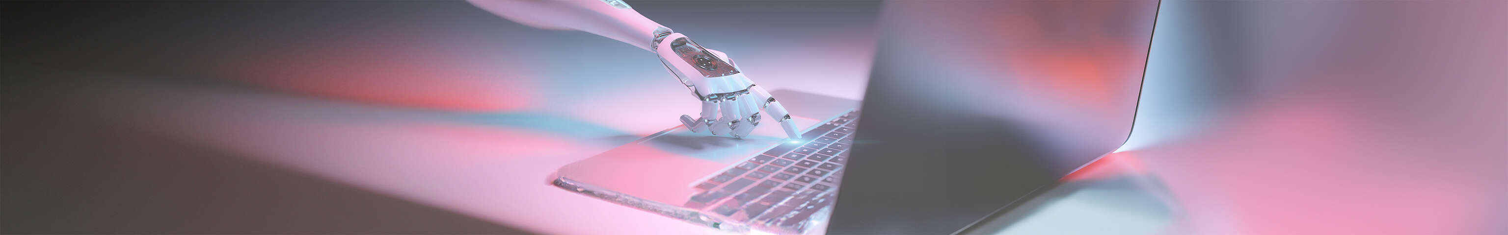 Finger eines Roboters tippt auf Laptop