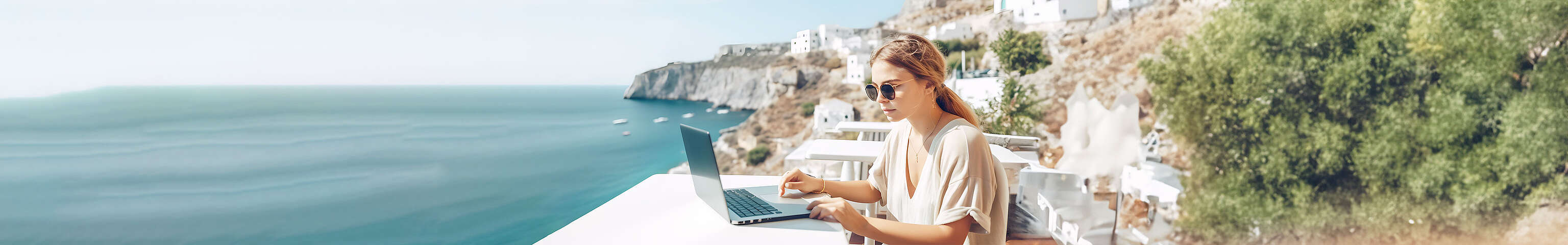 Frau sitzt mit ihrem Laptop draußen auf einer Terrasse, im Hintergrund sieht man das Meer 