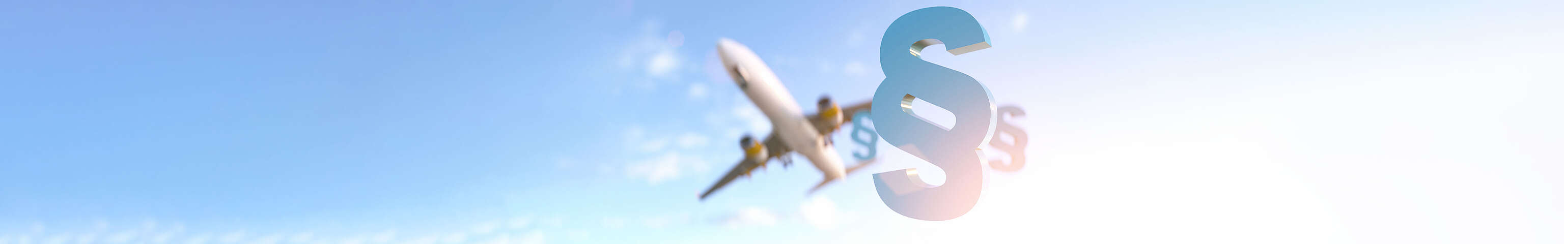 Ein Paragraphen-Symbol ist im Vordergrund, im Hintergrund fliegt ein Flugzeug