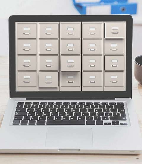 Laptop, Pflanze, Tasse und Smartphone liegen auf einem Schreibtisch.
